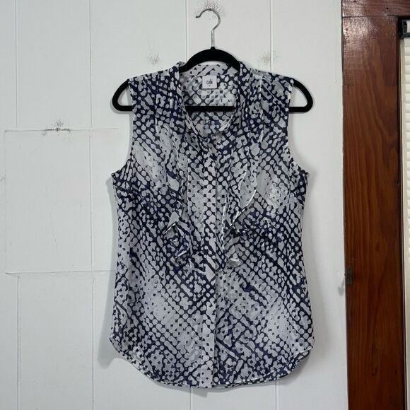 Cabi blue and white abstract sheer tank blouse size medium - Picture 1 of 5
